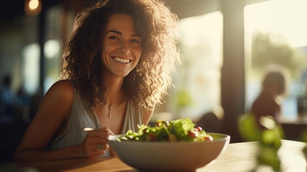 Foto una joven atlética come una ensalada en su plato mientras desayuna