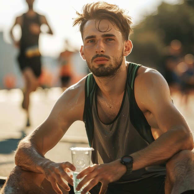 Un joven atlético que terminó un maratón se sienta agotado en la línea de meta con un vaso de agua