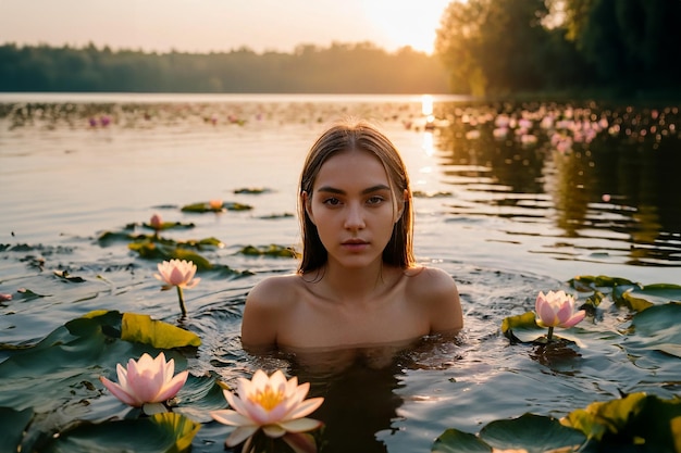 Una joven atractiva con el cabello largo se baña en un lago