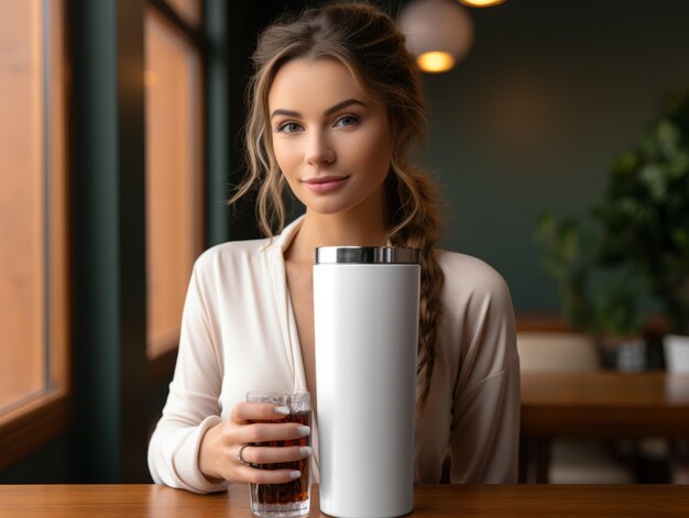 Una joven atractiva con cabello rubio largo y ojos azules está sentada en una mesa en un restaurante Ella lleva una camisa blanca y sostiene una gran taza blanca con una paja