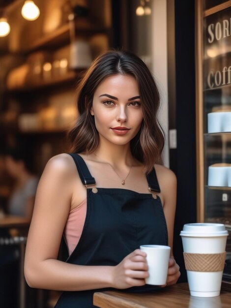 una joven atractiva en una cafetería