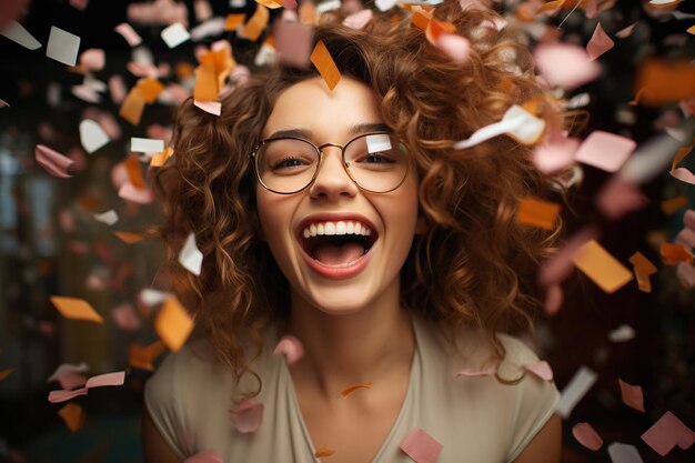 Una joven atractiva celebra un evento con confeti cayendo en el fondo