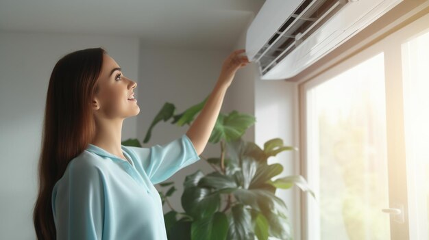 Una joven atractiva con una chaqueta azul ajusta la temperatura del aire acondicionado en la habitación de su casa