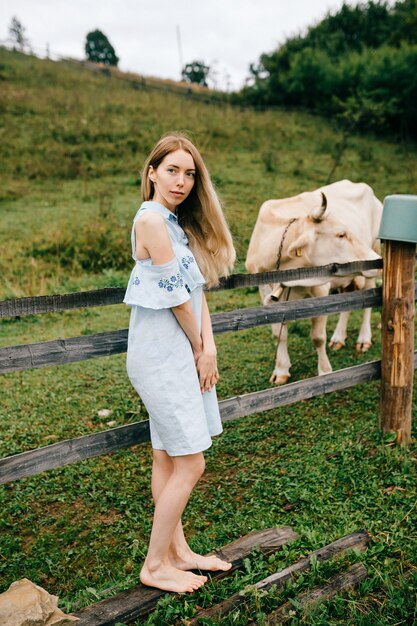 Joven atractiva chica rubia elegante en vestido azul posando con vaca en el campo