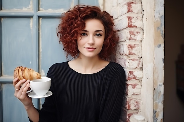 Una joven atractiva con un croissant y café.