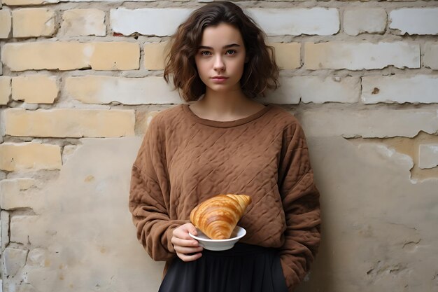 Una joven atractiva con un croissant y café.