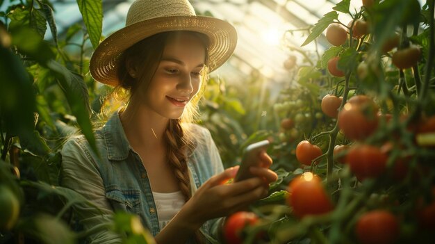 Joven y atractiva granjera inteligente usando el teléfono para comprobar la granja de tomates orgánicos en el invernadero Granja inteligente