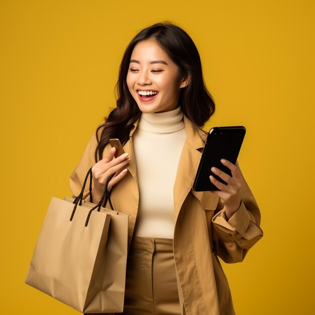Joven atractiva mujer asiática sosteniendo una bolsa de compras sintiéndose emocionada