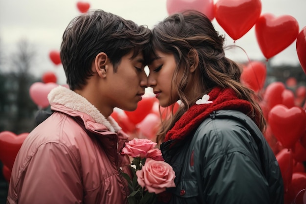 Una joven y atractiva pareja enamorada se besan sobre un fondo blanco y globos de corazón rojo en el aire.