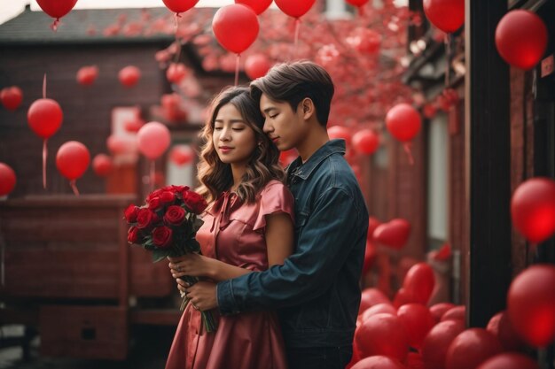 Una joven y atractiva pareja enamorada se besan sobre un fondo blanco y globos de corazón rojo en el aire.