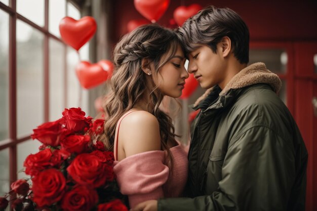 Foto una joven y atractiva pareja enamorada se besan sobre un fondo blanco y globos de corazón rojo en el aire.