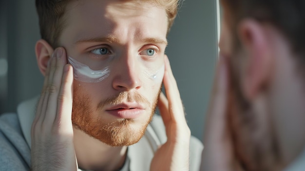 Foto joven atractivo aplicando crema en la cara y mirándose a sí mismo frente al espejo