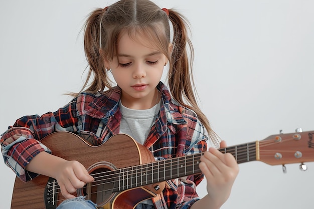 Una joven con un atuendo casual surgió tocando la guitarra sobre un entorno blanco IA generativa