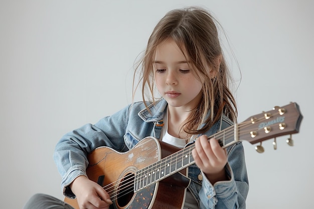 Una joven con un atuendo casual surgió tocando la guitarra sobre un entorno blanco IA generativa