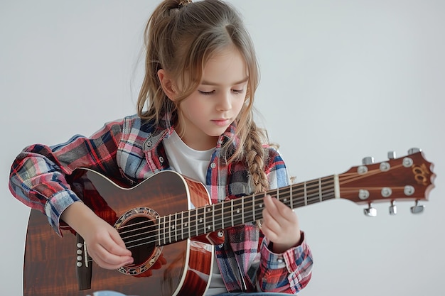 Una joven con un atuendo casual surgió tocando la guitarra sobre un entorno blanco IA generativa