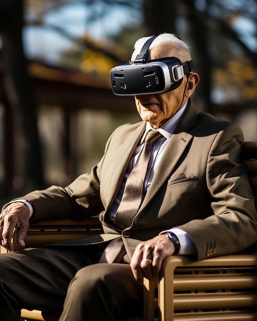 Un joven con un auricular de realidad virtual mira con admiración y sorpresa sobre un fondo irreal de colores