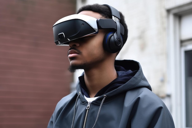 Un joven con un auricular de realidad virtual