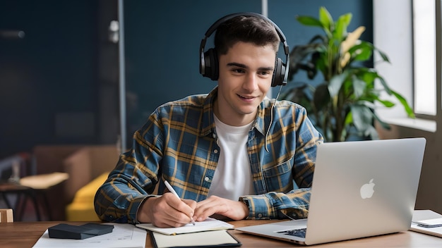 Un joven con auriculares está sentado en una mesa con una computadora portátil y tomando notas