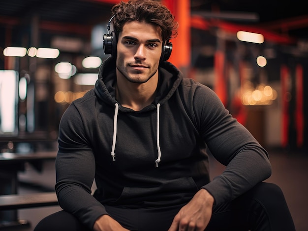 Joven con auriculares en un gimnasio