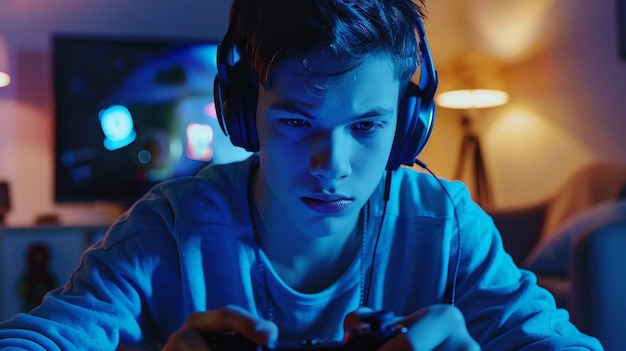 Un joven con auriculares jugando a un videojuego