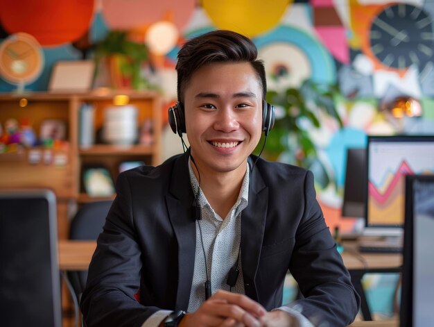 Un joven con auriculares en la oficina