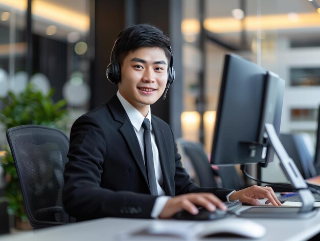 Un joven con auriculares en la oficina