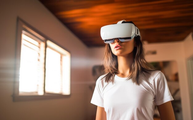 Una joven con auriculares de realidad virtual se encuentra en una habitación de su casa.