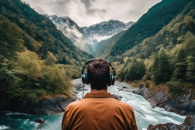 Joven con auriculares sentado al borde del acantilado y escuchando música