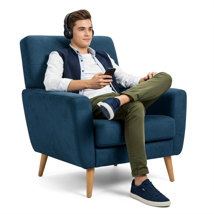 Un joven con auriculares se sienta en un sillón azul sosteniendo un teléfono inteligente