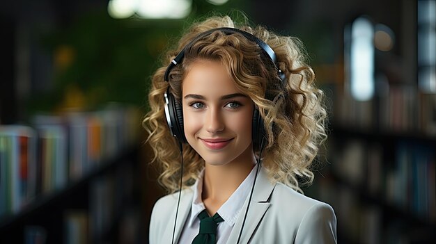 joven con auriculares sonríe y está de pie en un lugar público escuchando audiolibros concepto de IA generativa