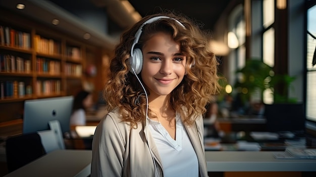 joven con auriculares sonríe y está de pie en un lugar público escuchando audiolibros concepto de IA generativa