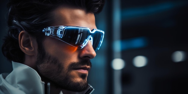 Un joven con auriculares VR, gafas virtuales de neón y equipo cyberpunk, IA generativa