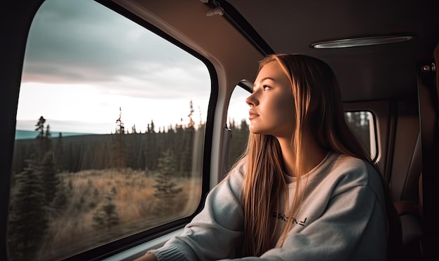 La joven en la autocaravana miraba la puesta de sol perdida en sus pensamientos Creando usando herramientas de IA generativa