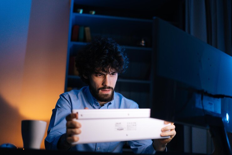 Foto joven autónomo barbudo sacudiendo el teclado inalámbrico mientras trabaja en una computadora sentada en el escritorio en el lugar de trabajo de la oficina en casa a altas horas de la noche en una habitación oscura. concepto de trabajo remoto, aprendizaje a distancia,
