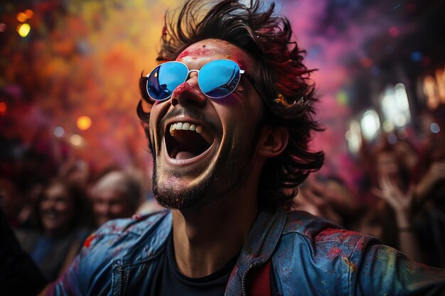 Joven bailando con entusiasmo en un festival de música al aire libre generativo IA