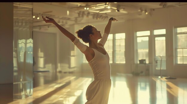 Foto la joven bailarina graciosa está bailando a la luz del sol ella lleva un leotardo blanco y zapatillas de ballet blancas