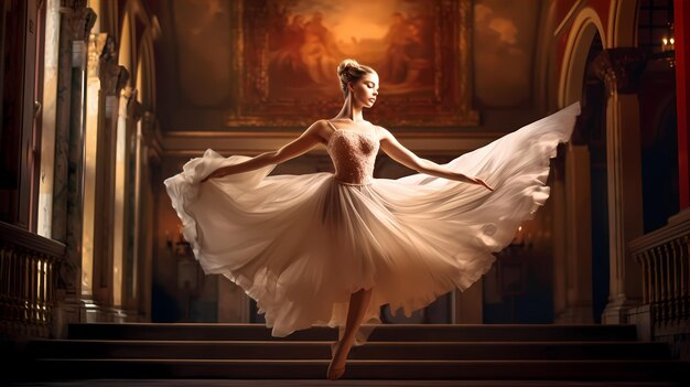 Joven bailarina saltando con gracia en el aire sus zapatillas de ballet puntiagudas y sus brazos extendidos ai generativo