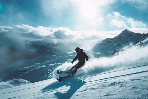 Un joven bajando en snowboard por una ladera en las montañas alpinas durante el invierno