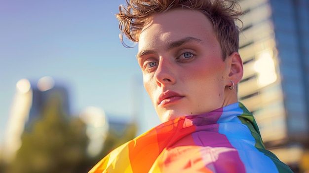 Joven con bandera arco iris al atardecer en la ciudad