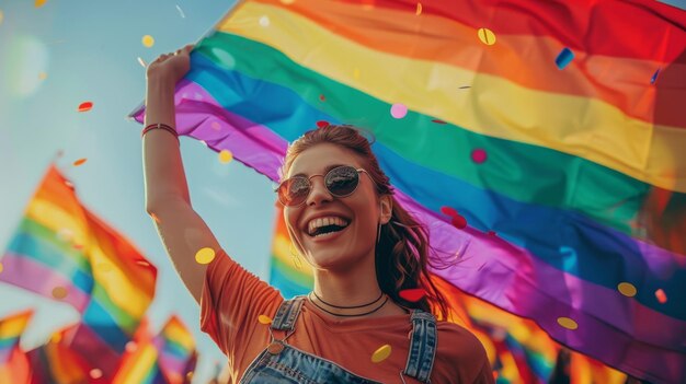 Una joven con una bandera arco iris participa en el festival de la comunidad LGBT