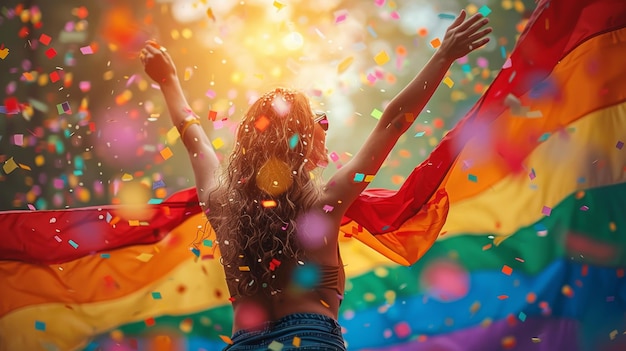 Una joven con una bandera arco iris participa en el festival de la comunidad LGBT