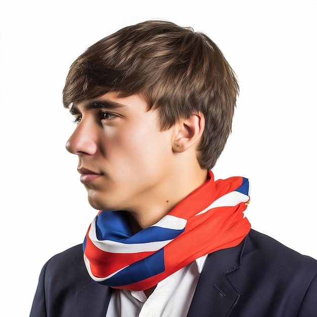 Joven con una bandera británica alrededor del cuello