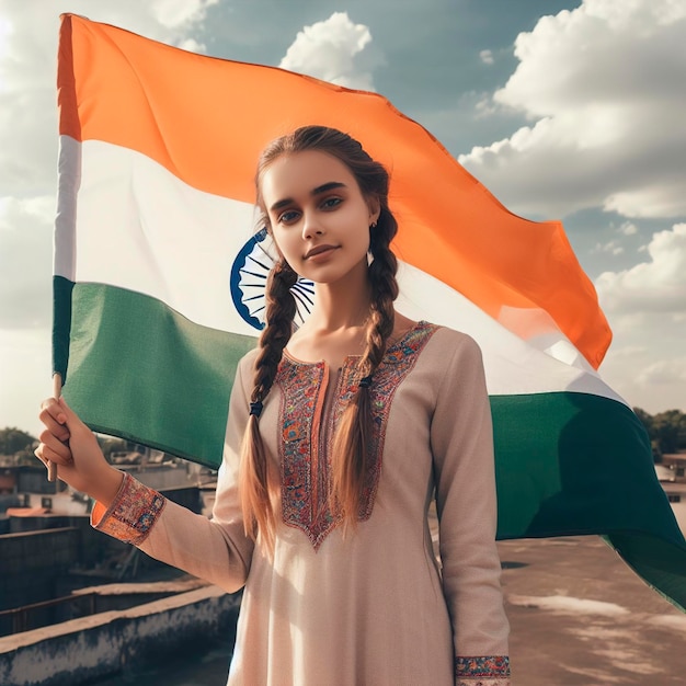 Una joven con una bandera india en la cabeza.