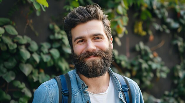 Un joven con barba y bigote sonríe a la cámara, lleva una camisa de vaqueros y una mochila, tiene una expresión de confianza en su cara.