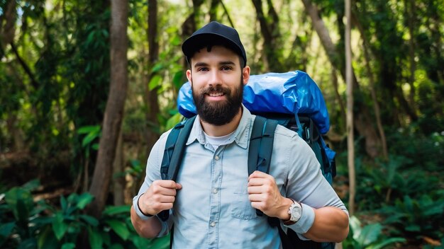 Un joven con barba y una mochila posando en la selva con una gorra