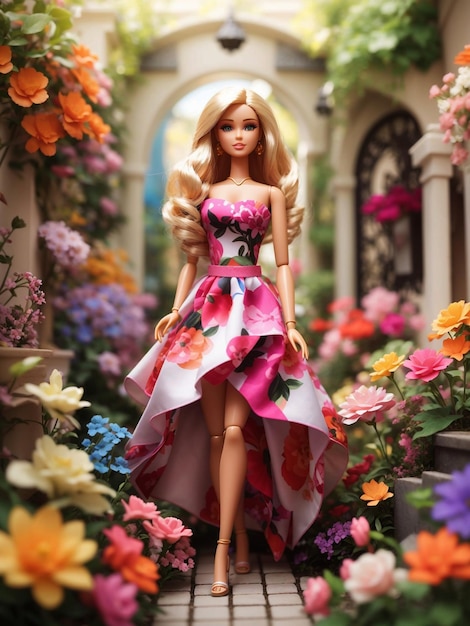 Una joven barbie parada en el mejor jardín del mundo.