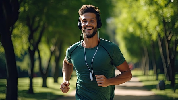 Un joven barbudo corre alegremente por el parque con auriculares en un agradable día de verano