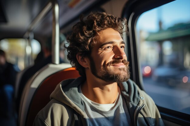 Un joven barbudo feliz y sonriente mirando por la ventana del autobús en un día soleado