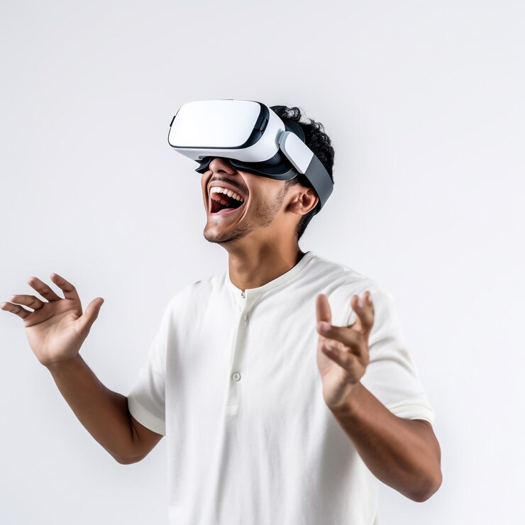 Joven barbudo con gafas de realidad virtual Experiencia de realidad virtual Nuevas tecnologías en b