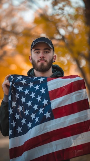Un joven barbudo con una gorra de tonos de otoño detrás de él sostiene la bandera estadounidense transmitiendo una profunda reflexión